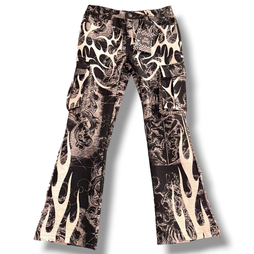 Rebel Vengeance Cargo Pants Mens 32 Black Tapestry Flame Stacked Fit Flare Leg